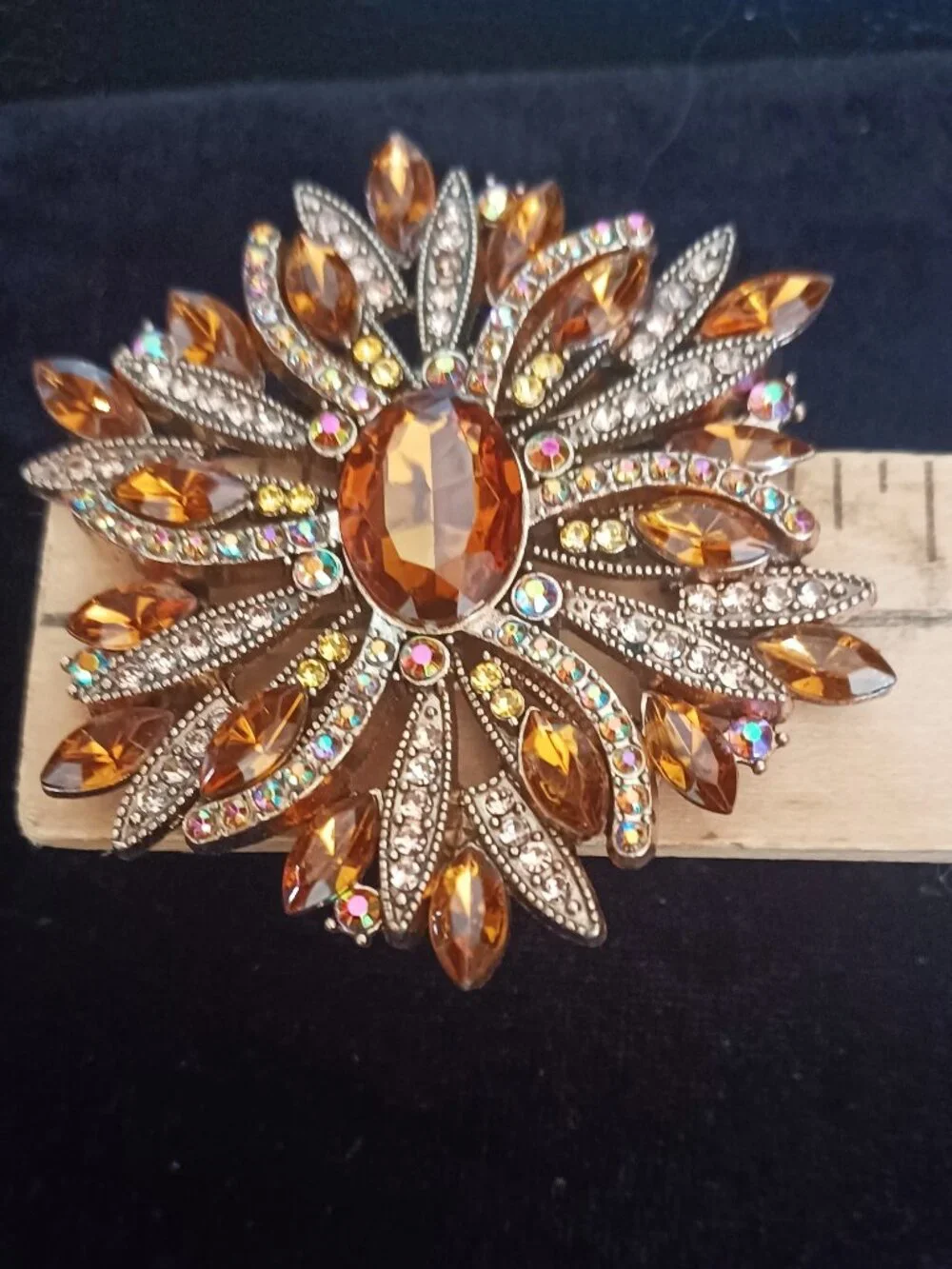 Amber and Gold Rhinestone Brooch